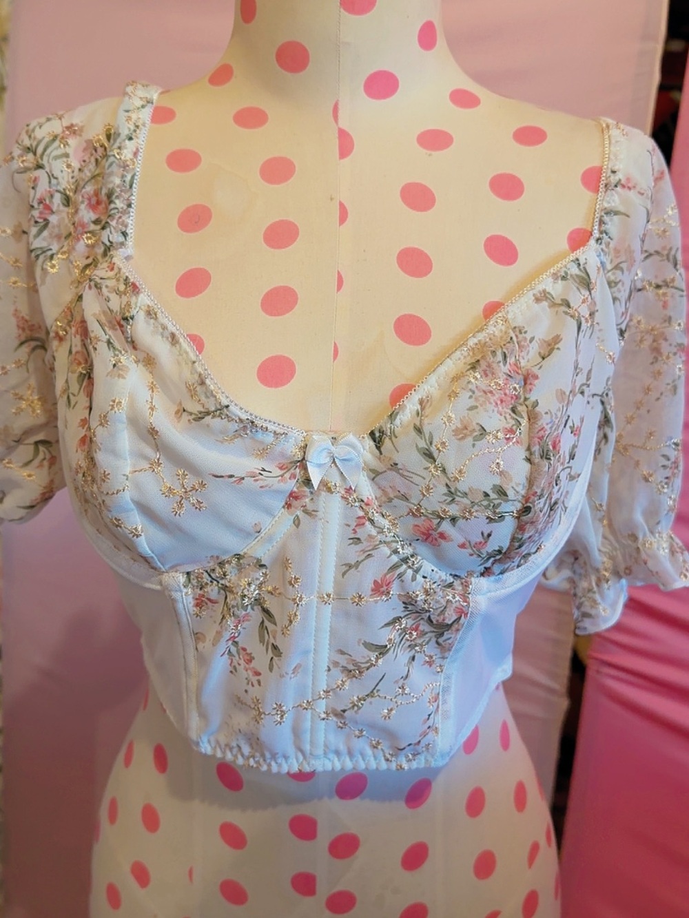 Y2K Romantic Floral Gold Embroidered Corset Crop Top Puff Sleeve M